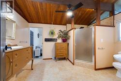 Upstairs bathroom with antique vanity, large walk-in shower with a double head shower. - 