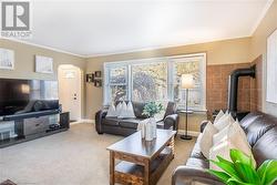 Living room featuring carpet flooring and crown molding - 