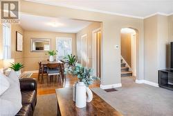 Living room featuring crown molding and carpet floors - 