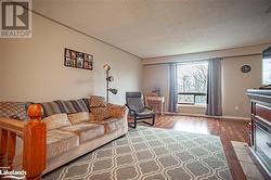 Living room featuring wood-type flooring and a textured ceiling - 