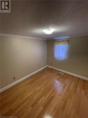 Empty room with wood-type flooring, a textured ceiling, and ornamental molding - 126 Peach Blossom Crescent, Kitchener, ON - Indoor Photo Showing Other Room