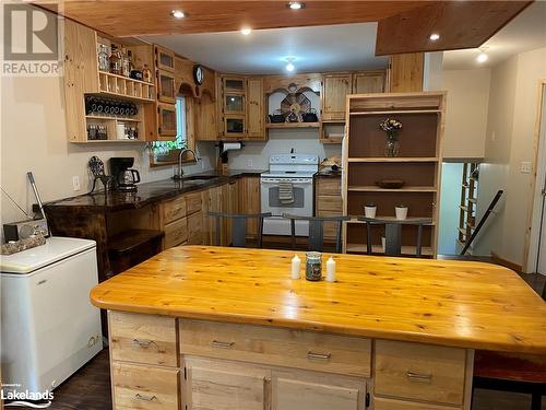 Kitchen with white electric range oven, refrigerator, sink, and wooden counters - 1010 Fern Glen Road, Emsdale, ON - Indoor Photo Showing Other Room