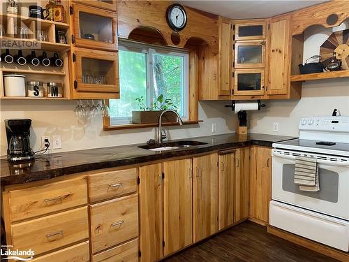 Kitchen with white electric range oven, dark wood-type flooring, and sink - 1010 Fern Glen Road, Emsdale, ON - Indoor Photo Showing Kitchen