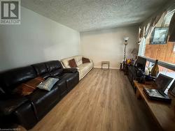 Living room with light hardwood / wood-style floors and a textured ceiling - 