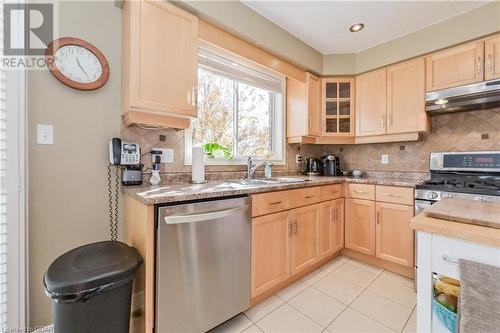 Kitchen featuring ventilation hood, backsplash, and stainless steel appliances - 613 Black Street, Fergus, ON - Indoor Photo Showing Kitchen With Double Sink