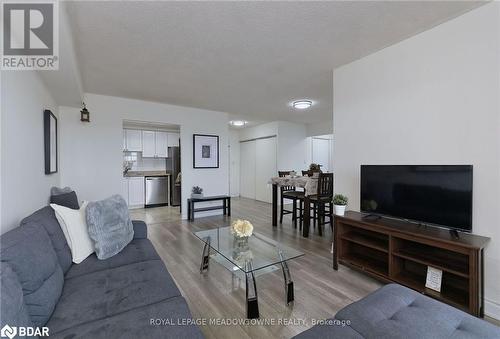 Living room featuring a textured ceiling and light wood-type flooring - 135 Hillcrest Avenue Unit# 1013, Mississauga, ON - Indoor Photo Showing Living Room