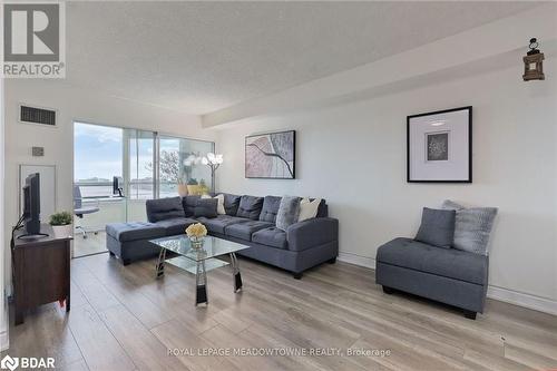 Living room featuring a textured ceiling and light hardwood / wood-style flooring - 135 Hillcrest Avenue Unit# 1013, Mississauga, ON - Indoor Photo Showing Living Room