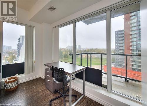 Dining space with plenty of natural light and dark wood-type flooring - 160 King Street N Unit# 901, Waterloo, ON - Indoor Photo Showing Office