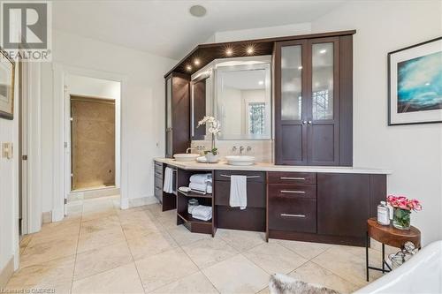 Bathroom with tile patterned flooring, vanity, and an enclosed shower - 1143 Riverbank Way, Oakville, ON 