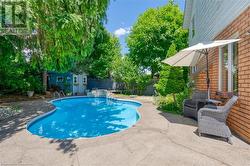 View of swimming pool featuring a patio and a storage shed - 