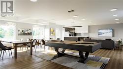 Playroom with dark hardwood / wood-style floors, a notable chandelier, and pool table - 