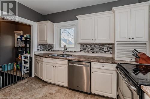 Kitchen featuring decorative backsplash, stainless steel appliances, white cabinetry, and sink - 20 Sarah Street, Brantford, ON - Indoor Photo Showing Kitchen With Double Sink