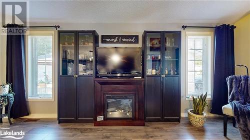 Living room with a textured ceiling, dark hardwood / wood-style flooring, and plenty of natural light - 69 St James Place, Wasaga Beach, ON - Indoor Photo Showing Living Room With Fireplace