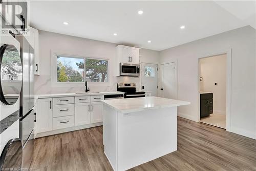 Kitchen in the ADU featuring white cabinets, a center island, light hardwood / wood-style floors, and appliances with stainless steel finishes - 306 Paling Avenue, Hamilton, ON - Indoor Photo Showing Kitchen With Upgraded Kitchen