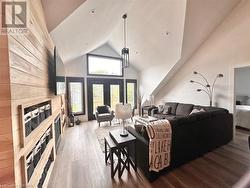 Living room with high vaulted ceiling and hardwood / wood-style flooring - 