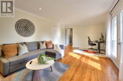 Living room featuring light wood-type flooring and crown molding - 