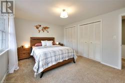 Bedroom with light colored carpet and two closets - 