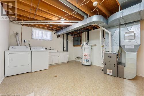 Basement with washer and dryer, sink, electric panel, and water heater - 118 Oak Street, Simcoe, ON 