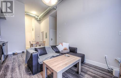 Living room with a high ceiling and dark hardwood / wood-style floors - 253 Albert Street N Unit# 104, Waterloo, ON - Indoor