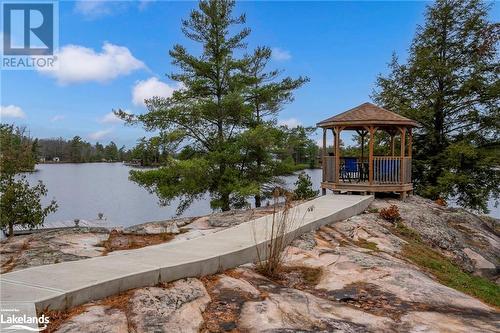 View of dock featuring a gazebo and a water view - 3298 Seydel Lane Lane, Coldwater, ON - Outdoor With Body Of Water With Deck Patio Veranda