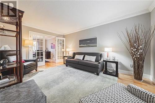 Living room with french doors, light hardwood / wood-style floors, and ornamental molding - 145 Dragoon Drive, Hamilton, ON - Indoor Photo Showing Living Room