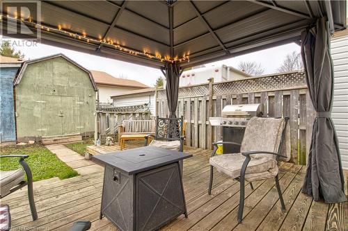 Wooden terrace with a gazebo, area for grilling, and a storage shed - 116 Glamis Road, Cambridge, ON - Outdoor With Deck Patio Veranda With Exterior