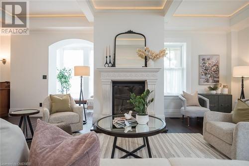 stunning wood burning fireplace - 49 James Street, Milton, ON - Indoor Photo Showing Living Room With Fireplace