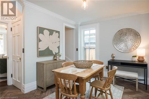 stunning elegant flooring detail - 49 James Street, Milton, ON - Indoor Photo Showing Dining Room