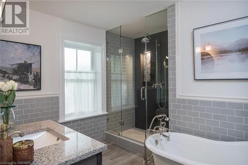 victorian slipper tub and glass enclosed shower - 49 James Street, Milton, ON - Indoor Photo Showing Bathroom