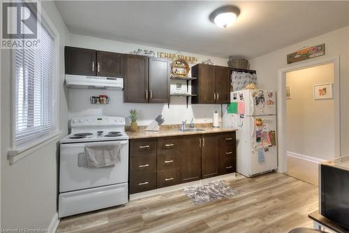 Kitchen with dark brown cabinetry, sink, light hardwood / wood-style floors, and white appliances - 524 Krug Street, Kitchener, ON - Indoor Photo Showing Kitchen