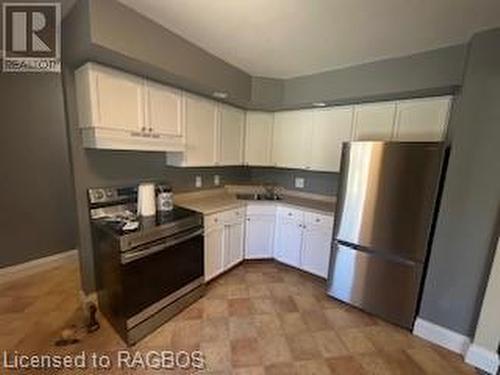 Kitchen with white cabinets, ventilation hood, sink, and appliances with stainless steel finishes - 745 4Th Avenue East Avenue, Owen Sound, ON 