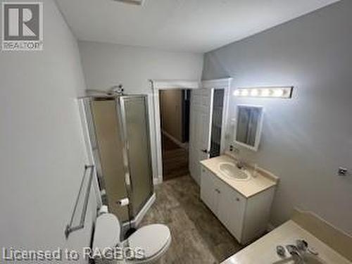 Bathroom with vanity, toilet, an enclosed shower, and wood-type flooring - 745 4Th Avenue East Avenue, Owen Sound, ON 