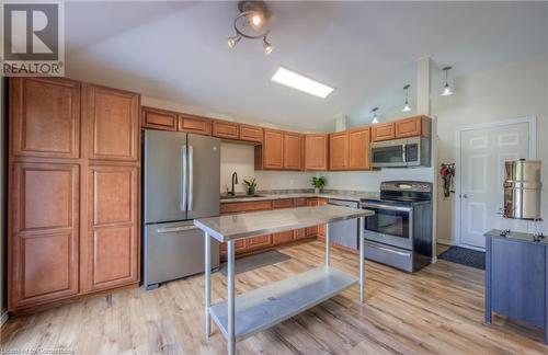 Kitchen with appliances with stainless steel finishes, light wood-type flooring, vaulted ceiling, and sink - 8 Gerrard Avenue, Cambridge, ON - Indoor Photo Showing Kitchen With Stainless Steel Kitchen