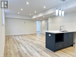 Kitchen featuring pendant lighting, light hardwood / wood-style floors, and sink - 