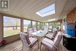 Sunroom / solarium featuring lofted ceiling with skylight, a healthy amount of sunlight, and wood ceiling - 