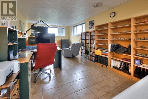 Office area with light tile patterned floors and a textured ceiling - 524 Krug Street, Kitchener, ON - Indoor Photo Showing Office