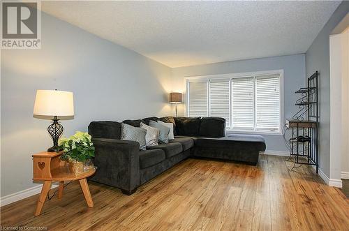 Living room with a textured ceiling and light wood-type flooring - 220 Bankside Drive, Kitchener, ON - Indoor Photo Showing Living Room