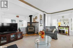 Carpeted living room with a wood stove and crown molding - 