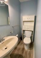 Bathroom with toilet, sink, and hardwood / wood-style flooring - 