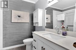 Bathroom featuring vanity, crown molding, toilet, tile walls, and wood-type flooring - 