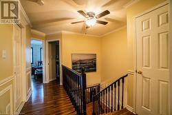 Hall with a textured ceiling, dark hardwood / wood-style floors, and ornamental molding - 