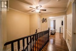 Hallway featuring a textured ceiling, crown molding, and dark wood-type flooring - 