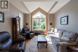 Living room with light hardwood / wood-style flooring and vaulted ceiling - 