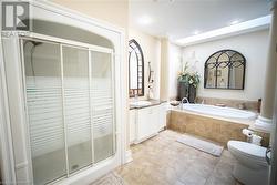 Full bathroom with ornate columns, vanity, plus walk in shower, tile patterned flooring, and toilet - 