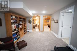 Living area featuring wood walls and light carpet - 