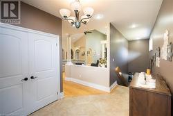 Bathroom with hardwood / wood-style flooring, vaulted ceiling, a notable chandelier, and ornate columns - 