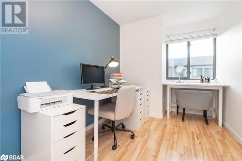 Bedroom with closet, window & feature wall, Currently being utilized as an efficient home office - 369 Essa Road Unit# 22, Barrie, ON - Indoor Photo Showing Office