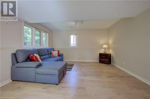 Living room featuring a textured ceiling, rail lighting, vaulted ceiling, and light wood-type flooring - 431 Northlake Drive, Waterloo, ON - Indoor Photo Showing Living Room