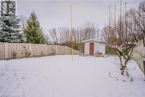 Yard covered in snow with a storage unit - 10 Fenwick Court, Kitchener, ON 