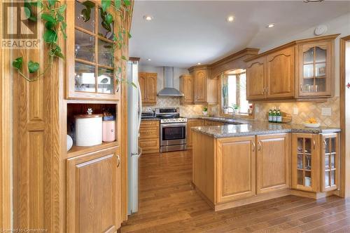 Kitchen with stone countertops, stainless steel stove, dark hardwood / wood-style floors, and wall chimney range hood - 19 Halifax Drive, Kitchener, ON - Indoor Photo Showing Kitchen